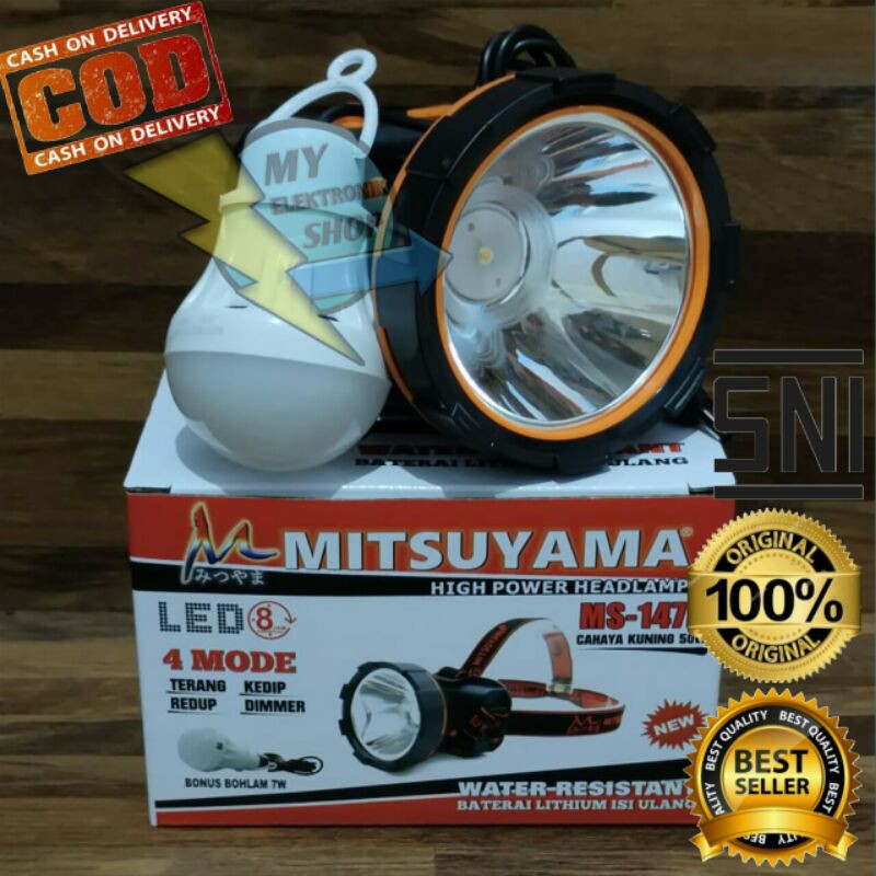 Senter Kepala 50Watt LED Cahaya Kuning MITSUYAMA Headlamp LED 50W Senter kepala Dimmer Water Resistant Ms-147K Free bohlam