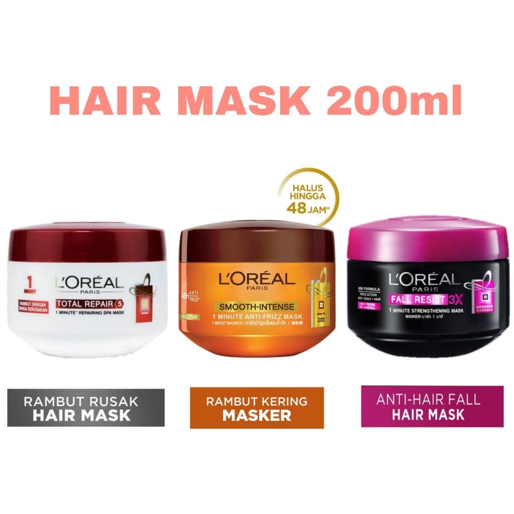 L'Oreal Loreal Paris Hair Mask Masker Rambut Fall Resist / Smooth Intense / Total Repair 200 ml