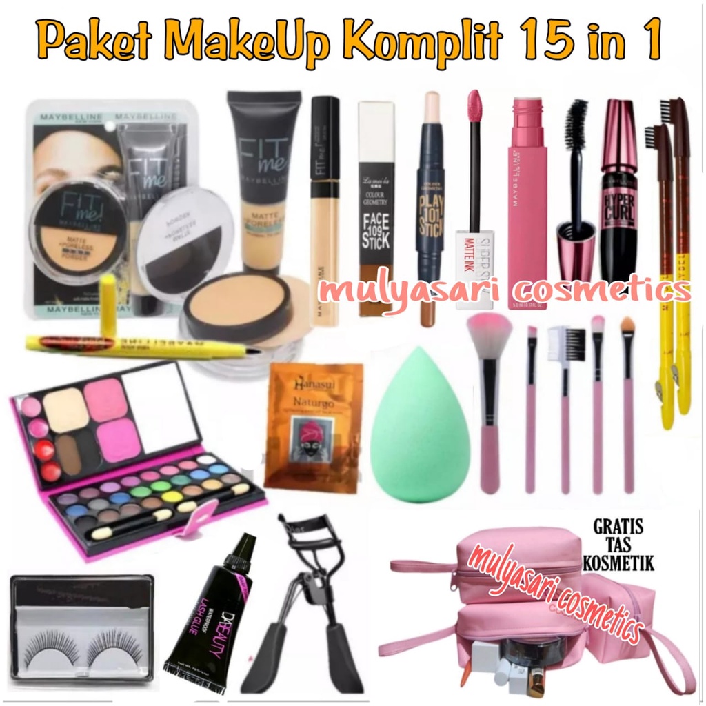 Paket MakeUp Maybelline 15 in 1 / Paket Kosmetik Wanita Maybelline Super Hemat Lengkap + Gratis Tas MakeUp Pouch