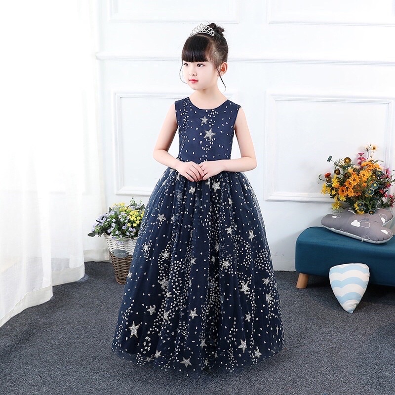 DRESS / GAUN ULANG TAHUN 4 - 11 T / PESTA ANAK NAVY STAR BLUE IMPORT/ LONGDRESS NAVY BLUE ESME 13332