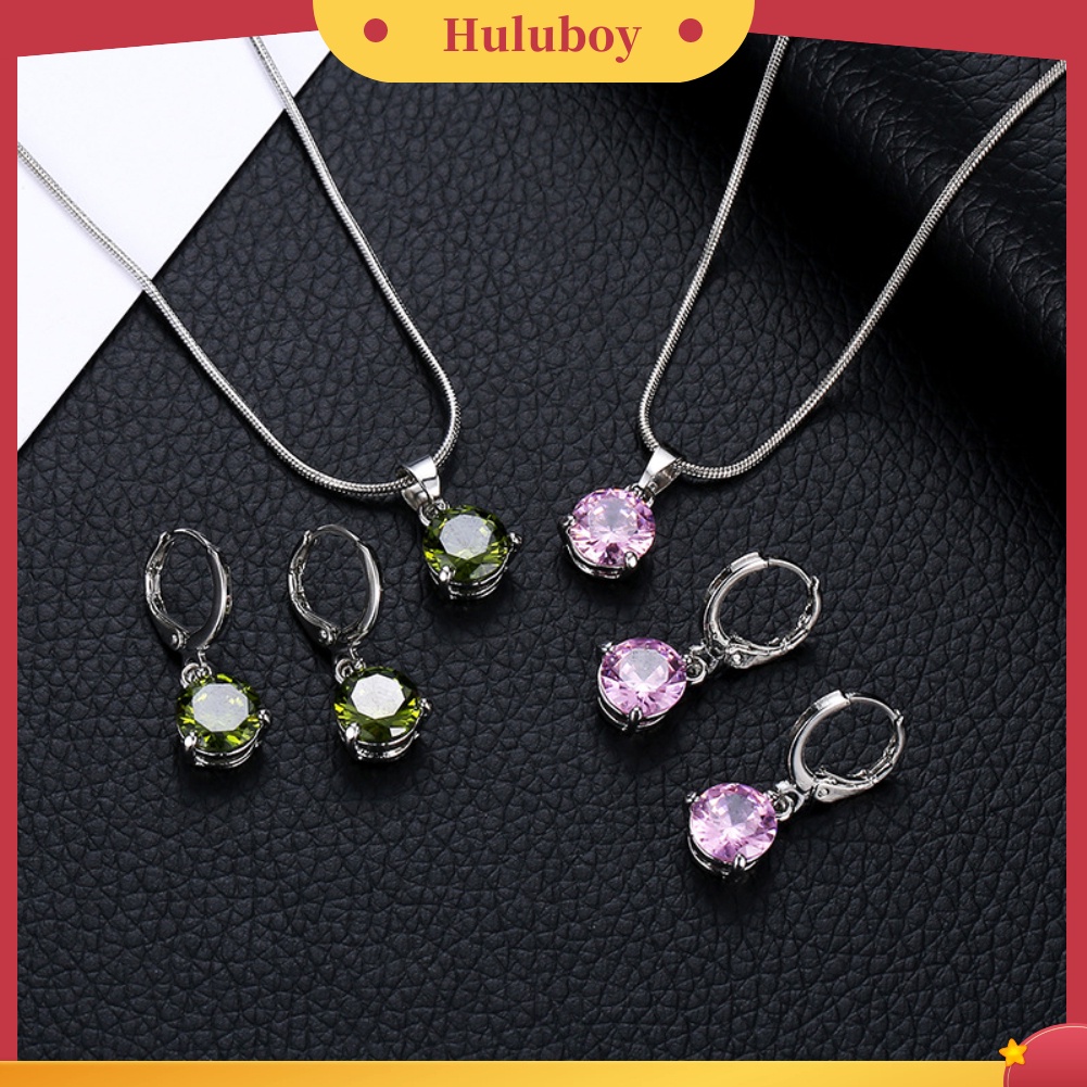 Hu Hu Hu Hu Hu Alat Bantu Pasang Kacamata♡ Set Anting Kalung Rantai Liontin Cubic Zirconia Bentuk Bulat Untuk Wanita