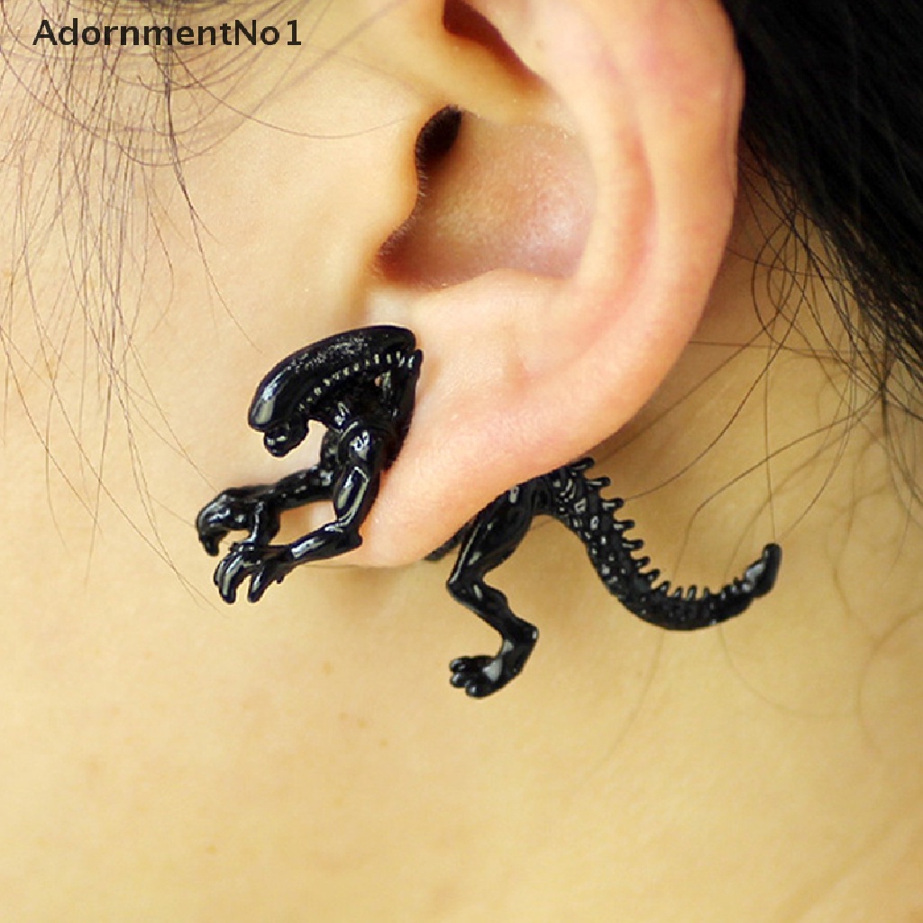 (AdornmentNo1) 2pcs / Pasang Anting Tusuk Desain Monster Alien / Dinosaurus 3D Warna Hitam Gaya Punk Untuk Wanita