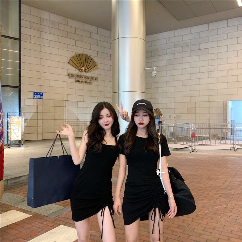 Dress Bodycon Sexy Model Slim Lengan Pendek Warna Polos Dengan Tali Serut Untuk Wanita