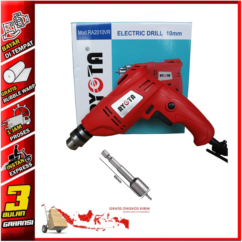Ryota Mesin Bor Keyless Tangan Listrik 10mm Balok Balik RA-2010KP Free 1x Bor Obeng PH2x65mm