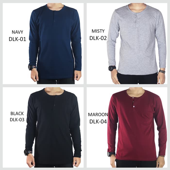 Pakaian kaos Gaul      Kaos Polos Pria Henley Kancing Lengan Panjang    ash shop
