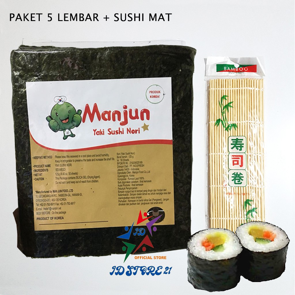 Halal Manjun Nori Sushi PAKET 5 Lembar dan Bambu Sushimat Nori Yaki Rumput Laut