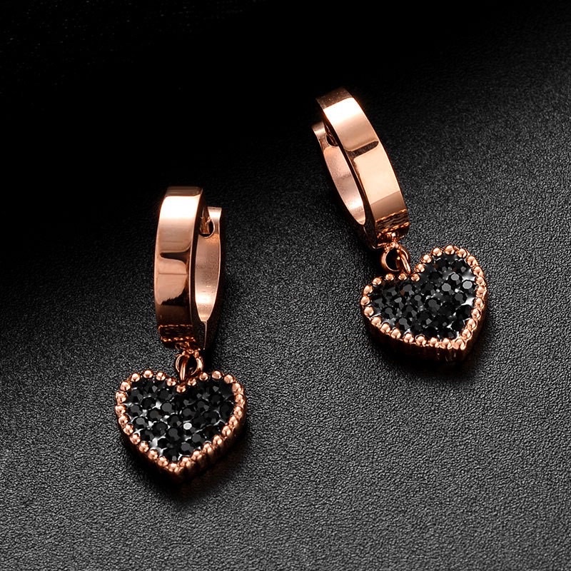 Anting Titanium Anti Karat Tidak Alergi Full Permata Love Cinta Rosegold AP-5F-Mata Hitam