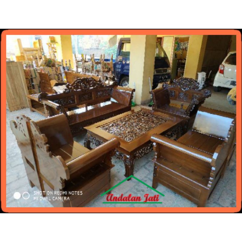 ANDALAN 035 KURSI TAMU MADURA UKIR KAYU JATI MINIMALIS 1 SET LENGKAP MEBEL JEPARA