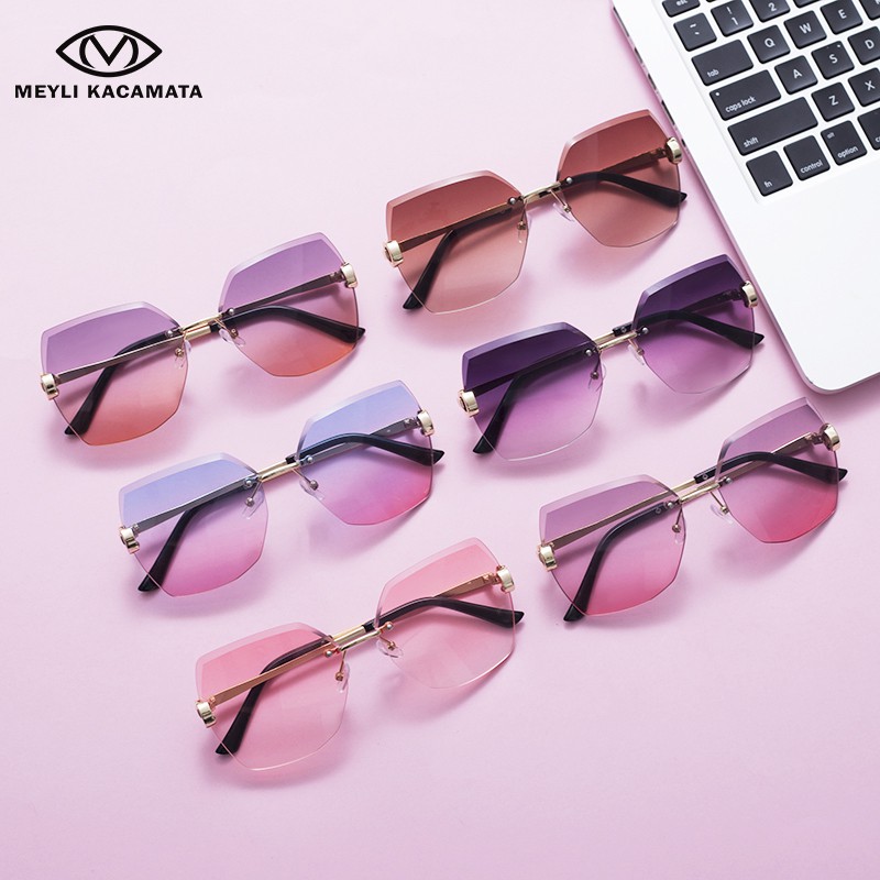 【TERSEDIA & COD】/Kacamata wanita tak berbingkai/Kacamata hitam mode/Kacamata poligon/sunglassesUV400-5