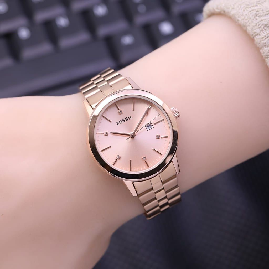Jam Tangan Wanita Analog Fosil Fashion Bulat Rantai Quartz Tanggal Aktif