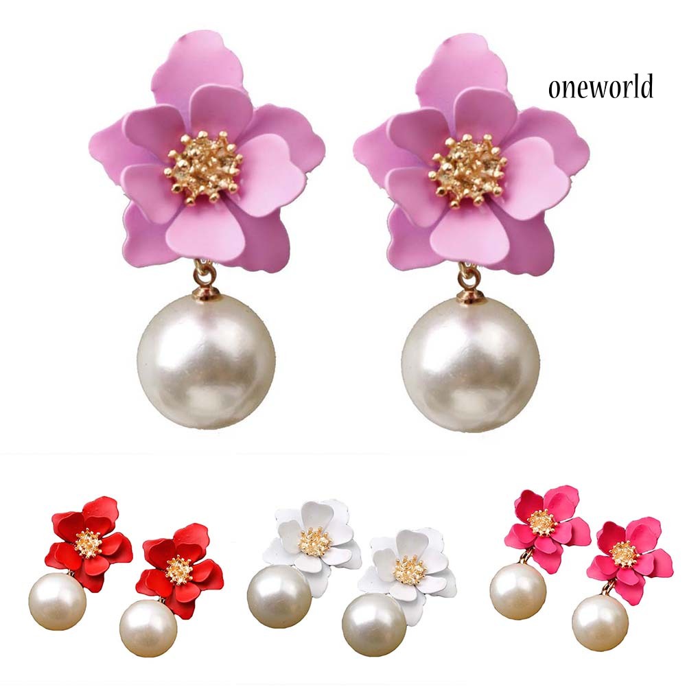 OW@ Sweet Women Faux Pearl Dangle Resin Flower Stud Earrings Summer Jewelry Gift