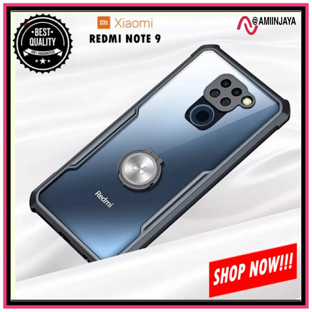 Case Xiaomi Redmi Note 9 Transparent Ring Kick Stand Premium Hard Case
