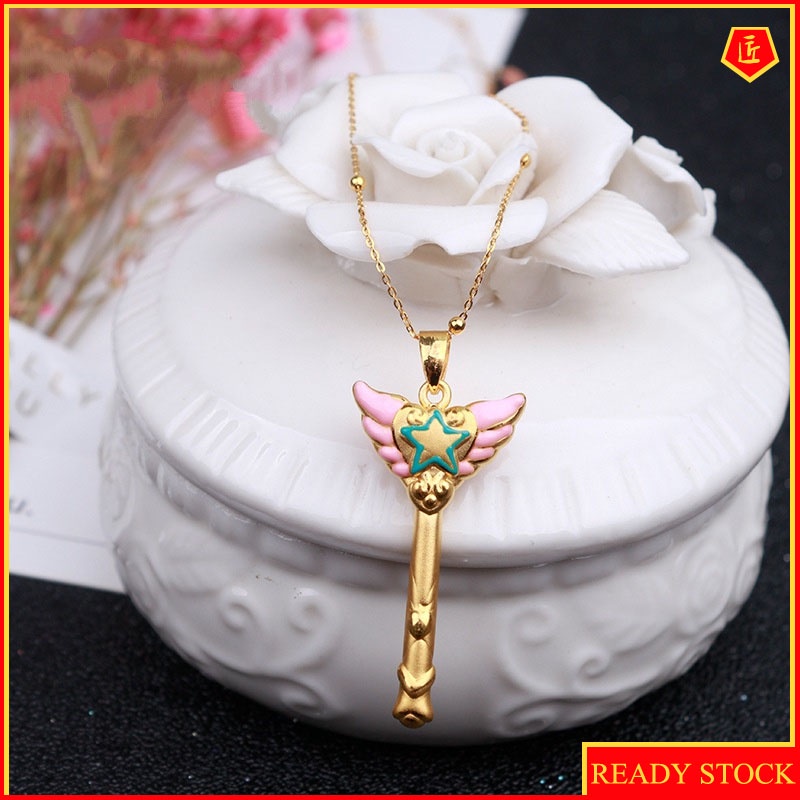 [Ready Stock]Cute Pink Beautiful Girl Magic Wand Pendant Gold Necklace Cartoon