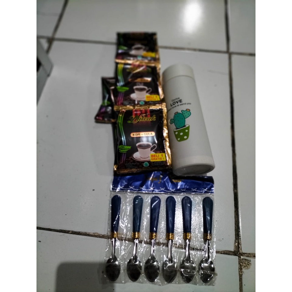 PAKET HEMAT Botol Kaca  + Sendok teh 6pcs + Kopi luwak 10sachet