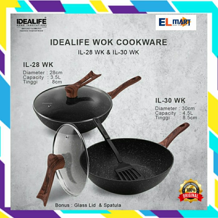 Idealife Wok Pan Marble Coating 30cm IL 30WK Panci Wajan Anti Lengket 30 cm Bisa Kompor Induksi