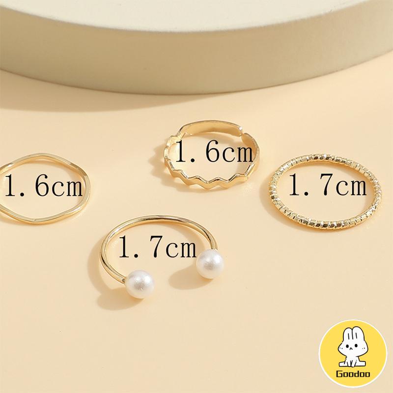 4 Pcs/set Korea Cincin Emas Untuk Wanita Sederhana Mutiara Elegan Cincin Set Dapat Disesuaikan Terbuka Perhiasan Hadiah -Doo