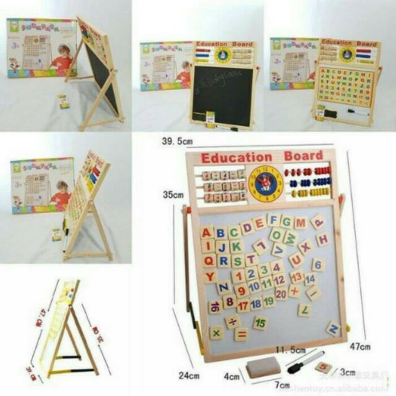whiteboard blackboard 2in1 2 sisi berdiri education white black magnetic board papan tulis hitam putih sempoa alphabet belajar matematika jam edukasi mainan anak montessori portable set kayu