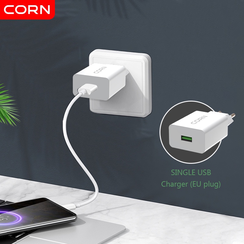 CORN Charger QE015 Original 3A 18W QC3.0 Fast Charging  EU Plug Quick Charging Charger With Kabel 3A Garansi Resmi 1 Tahun  untuk Samsung xiaomi vivo oppo