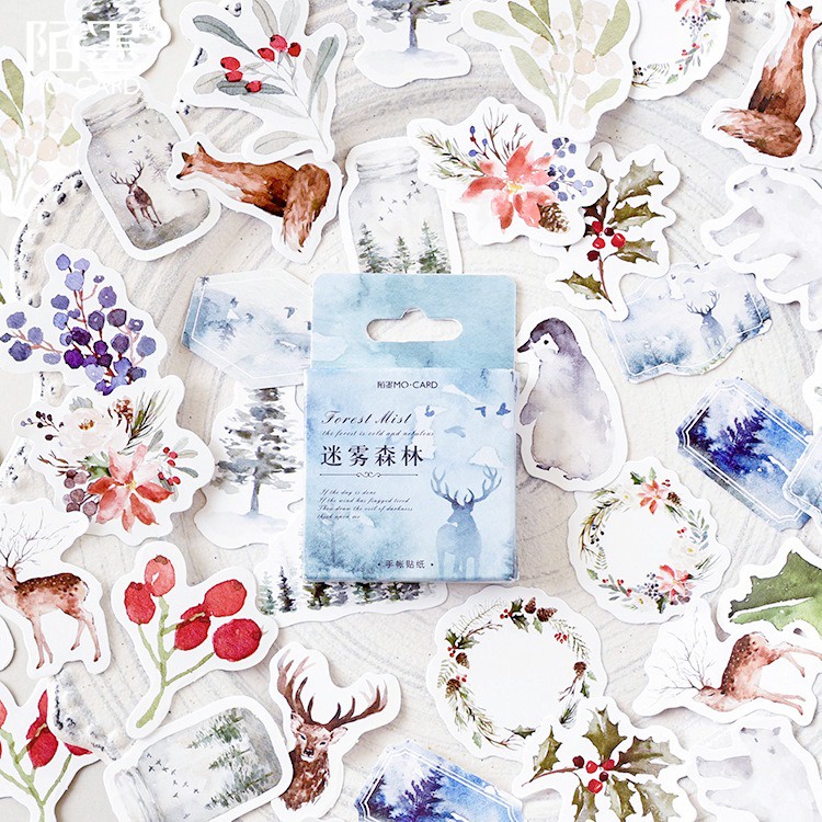 

[Artopia] 45pcs Blue Deer Sticker Mini Box Desain Diary Forest untuk Dekorasi Scrapbook Bujo Journaling Stiker