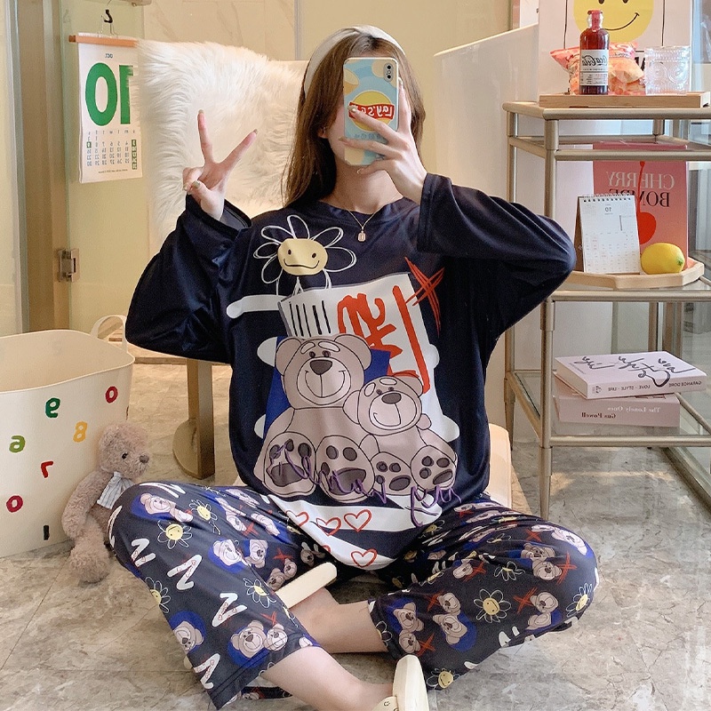 Setelan Piyama Bahan Adem Lengan Panjang Oversize Karakter Lucu Baju Tidur Wanita-Black Flower Bear