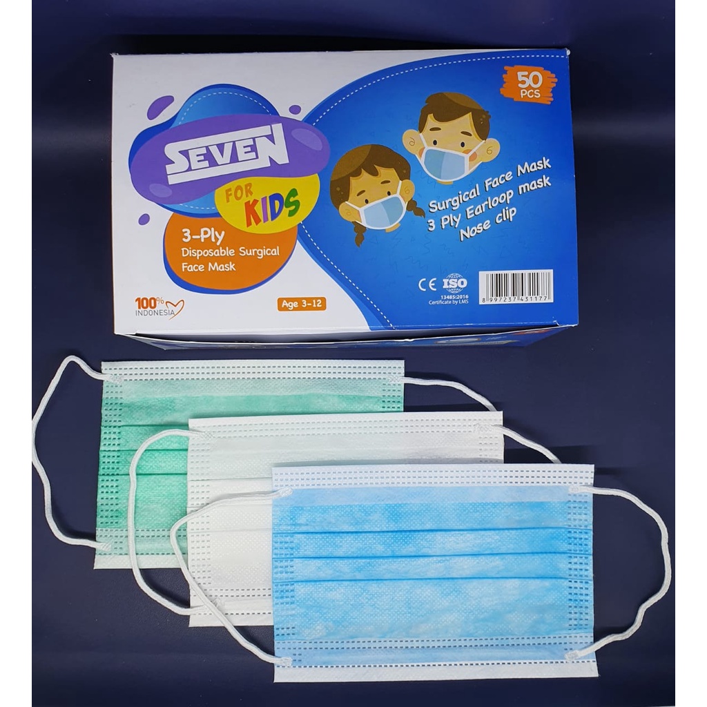 Hipnop Masker anak SEVEN KIDS POLOS Masker Medis untuk anak 3ply 50pcs