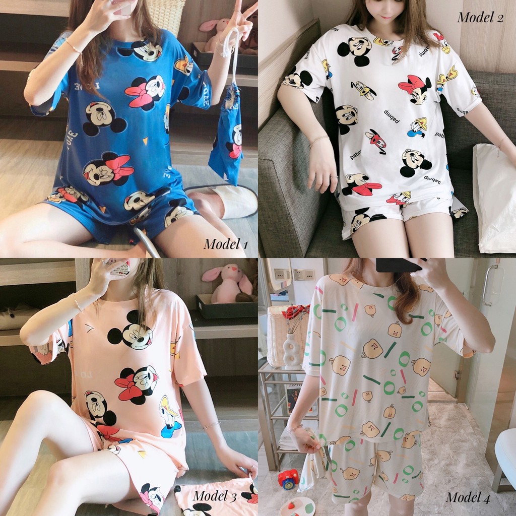 Baju tidur / piyama / baju santai set wanita bahan import murah BTB016-4 motif lucu