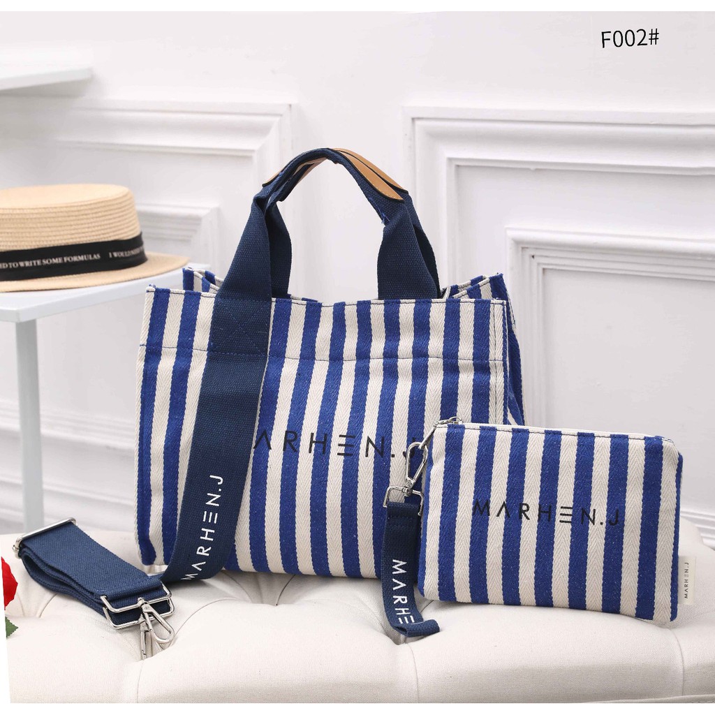 TAS BATAM-TAS IMPORT- MARHEN J RICO STRIPES CANVAS TOTE BAG SET POUCH F002