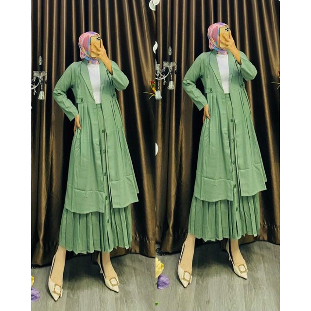 Baju Gamis 2in1 SetRok Wollycrepe Premium Rok Plisket Motif Polos Super Mewah Model Terbaru Kekinian