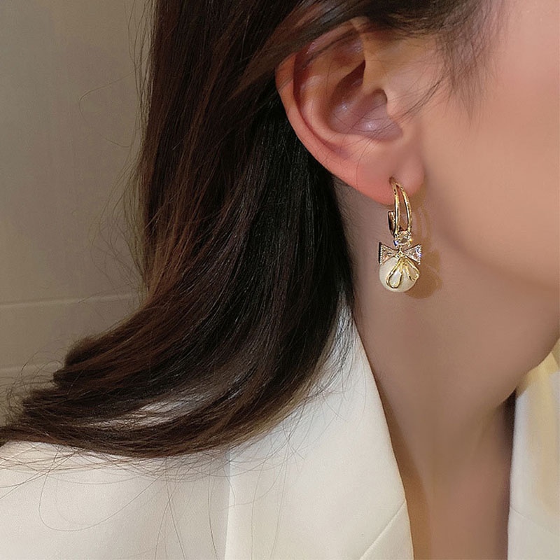 Anting Tusuk Sterling Silver 925 Desain Pita Hias Mutiara + Berlian Untuk Wanita ACKER