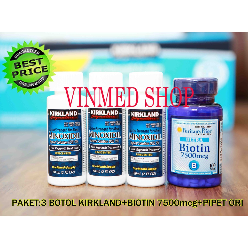 Kirkland Minoxidil 3 Botol +Biotin 7500mcg @100 Tabs+FREE Pipet ORI