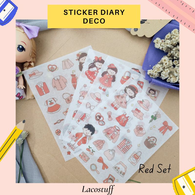 

LACOSTUFF 1 Lembar Sticker Set 20 pcs Deco Bujo Journal Scrapbook Cute Red Waterproof