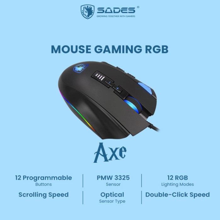 Sades Axe Mouse Gaming Macro RGB FPS/Moba Mechanical Black Original - Hitam