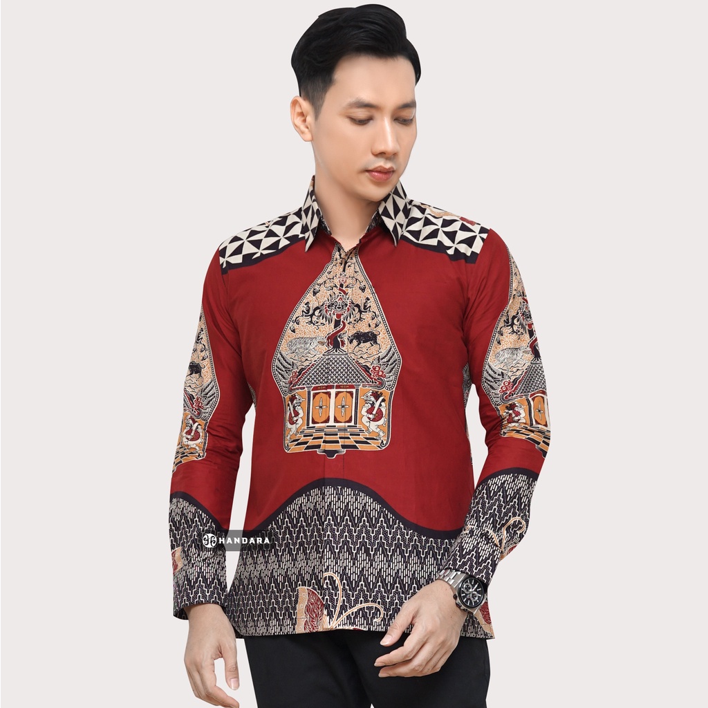 Baju Kemeja Batik Pria Lengan Panjang Slim Fit Premium Modern Full Furing Katun Halus Original Handara Motif Gunungan Sindoro Merah Maroon HB-101