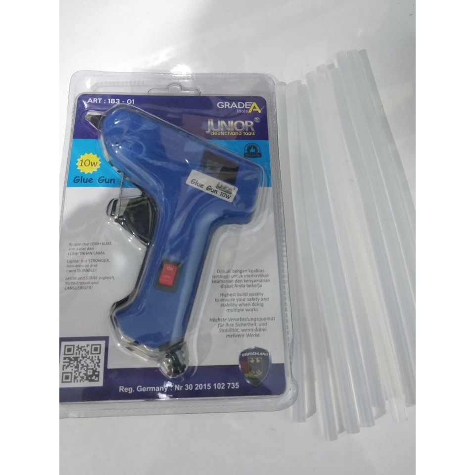 PAKET GLUE GUN TEMBAKAN LEM LILIN LEM BAKAR KECIL 10  WATT GRADEA + 10 REFILL