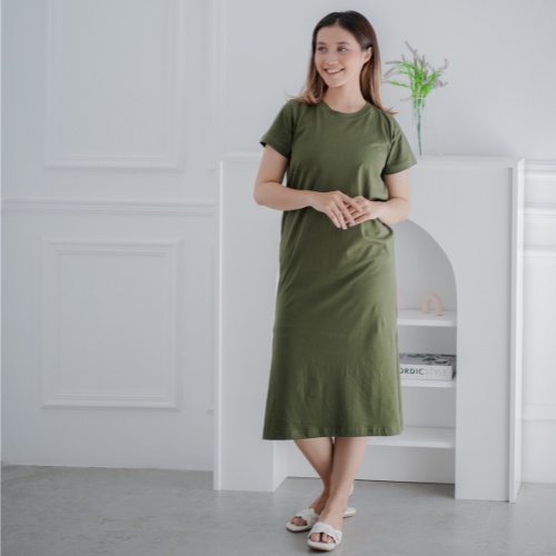 Midi Dress Wanita Lengan Pendek Bahan Katun Motif Polos