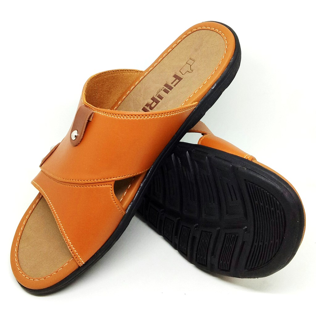 FIURI - Sandal Single Slip On Tan - Sandal Murah Pria - Sandal Casual Pria - Sandal Pria Kulit