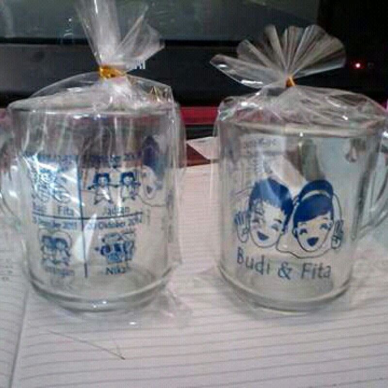 souvenir gelas kaca mug cangkir kopi plus sablon custom nama gambar logo plus kemas plastik