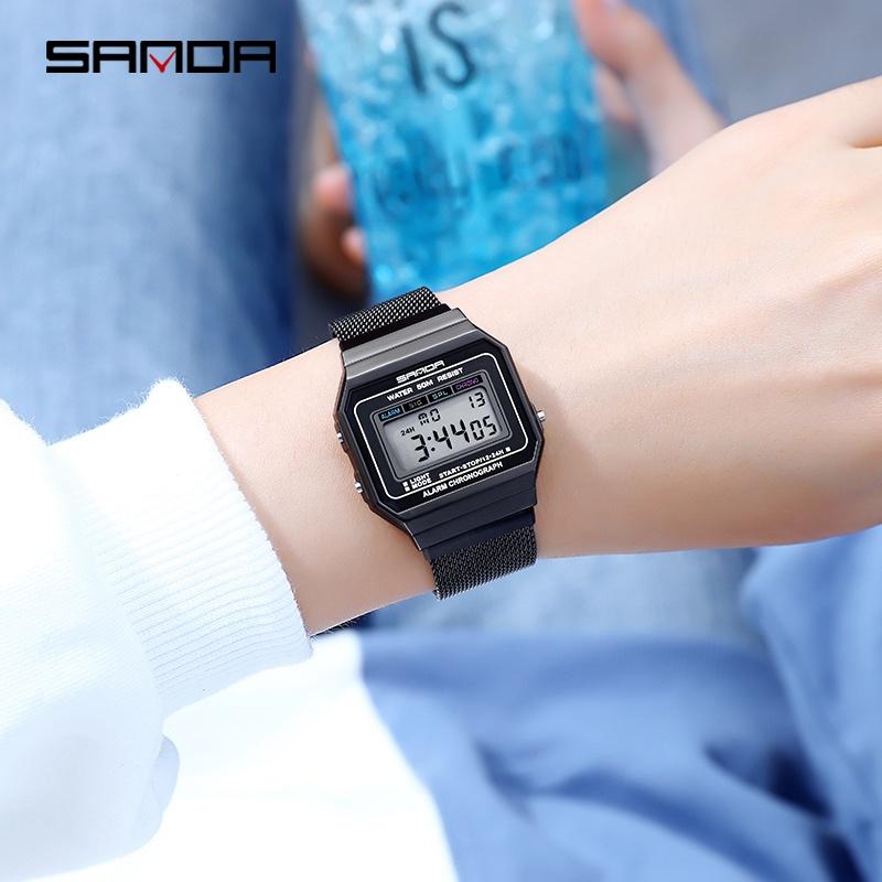 SANDA 6017 Jam Tangan Wanita Digital Sport EL Backlight Tali Stainless Shockproof Anti air WATCHKITE WKOS