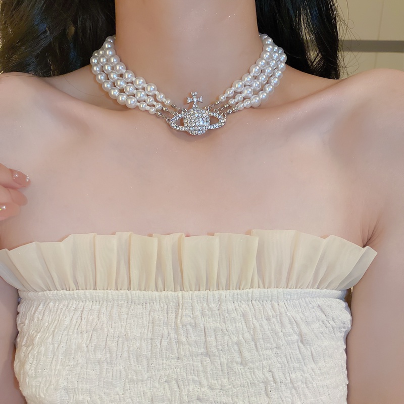 Kalung Rantai Klavikula Model Tiga Lapis Aksen Mutiara Untuk Aksesoris