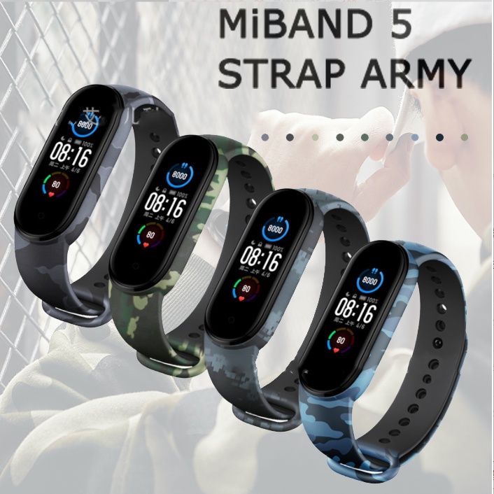 ARMY Strap Mi Band 5 Silicone Jam Gelang Xiaomi MiBAND watch Silikon Camo Classic Tali jamtangan smart watch siaomi Warna Hitam biru merah hijau