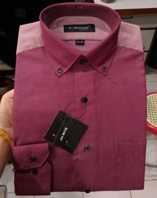 Kemeja Pria Alisan Panjang Slimfit Fuschia Biru Semi Jeans Kancing Kerah Cek Info