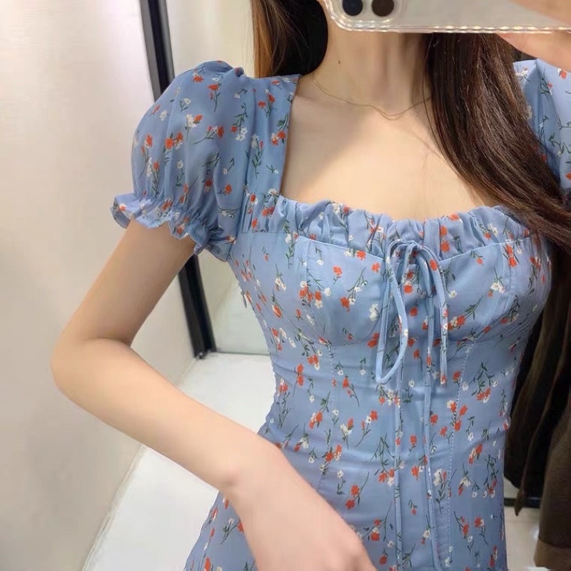 D132- Korean Blue Midi Dress Vintage Motif Flower Square Neck-1