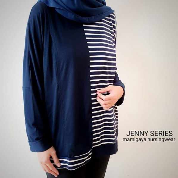 mamigaya Jenny navy salur putih baju menyusui