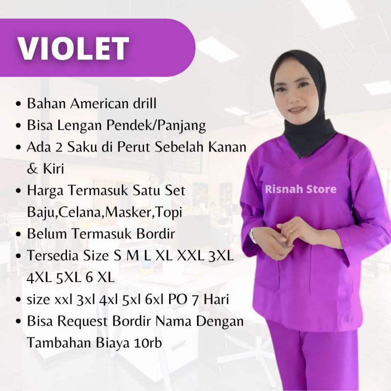 Baju Lengan Panjang Atau Lengan Pendek Khusus Warna Violet Size S M L XL Scrub Bahan American Drill 