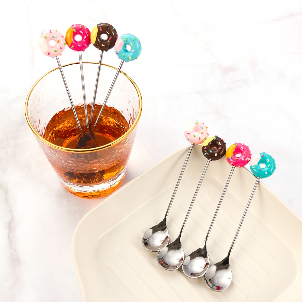 REBUY Doughnut Teaspoon High Quality Fruit Fork Coffee Spoon Ice Cream Kitchen Tool Creative Stainless Steel Fashion Sugar Stirring Spoon