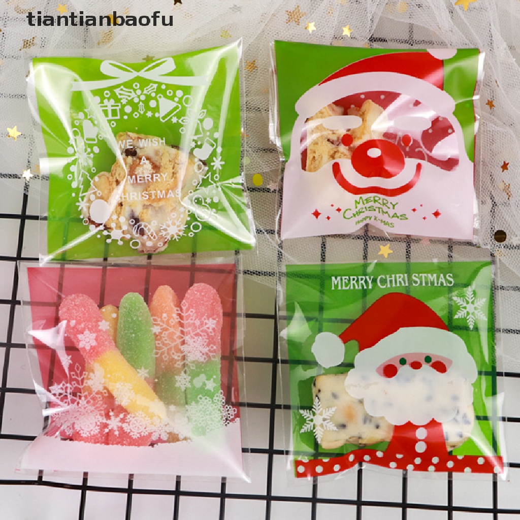 100 Pcs / Pak Tas Permen Kue Kering Dengan Perekat Ukuran 10x10cm Desain Merry Christmas