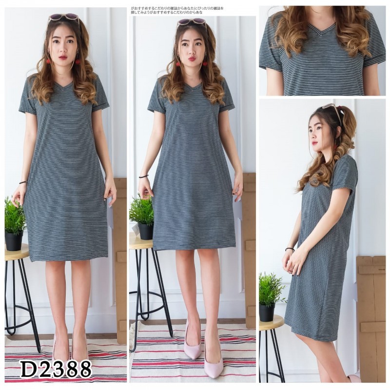 Baju casual midi dress hitam garis2 pergi jalan  santai  