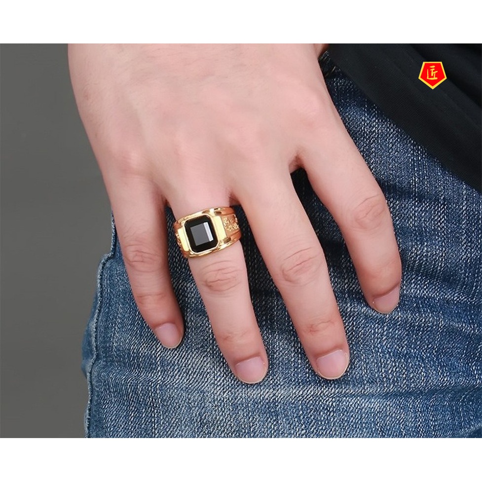 [Ready Stock]Vintage 18K Gold Dragon Pattern Diamond Men's Ring