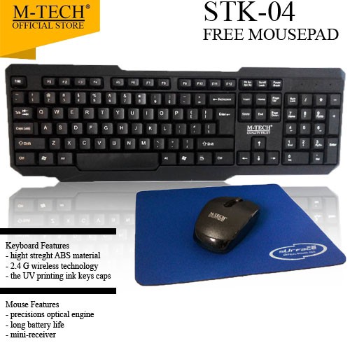 M-Tech Paket Keyboard Mouse Wireless Combo M-tech STK-04 / STK04 FREE MOUSEPAD