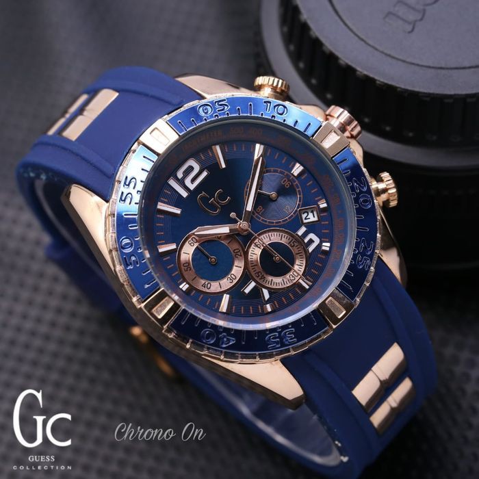 Promo Jam Tangan Pria Guess Gc Chrono SK505LS Rubber Blue Body Rosegold Termurah
